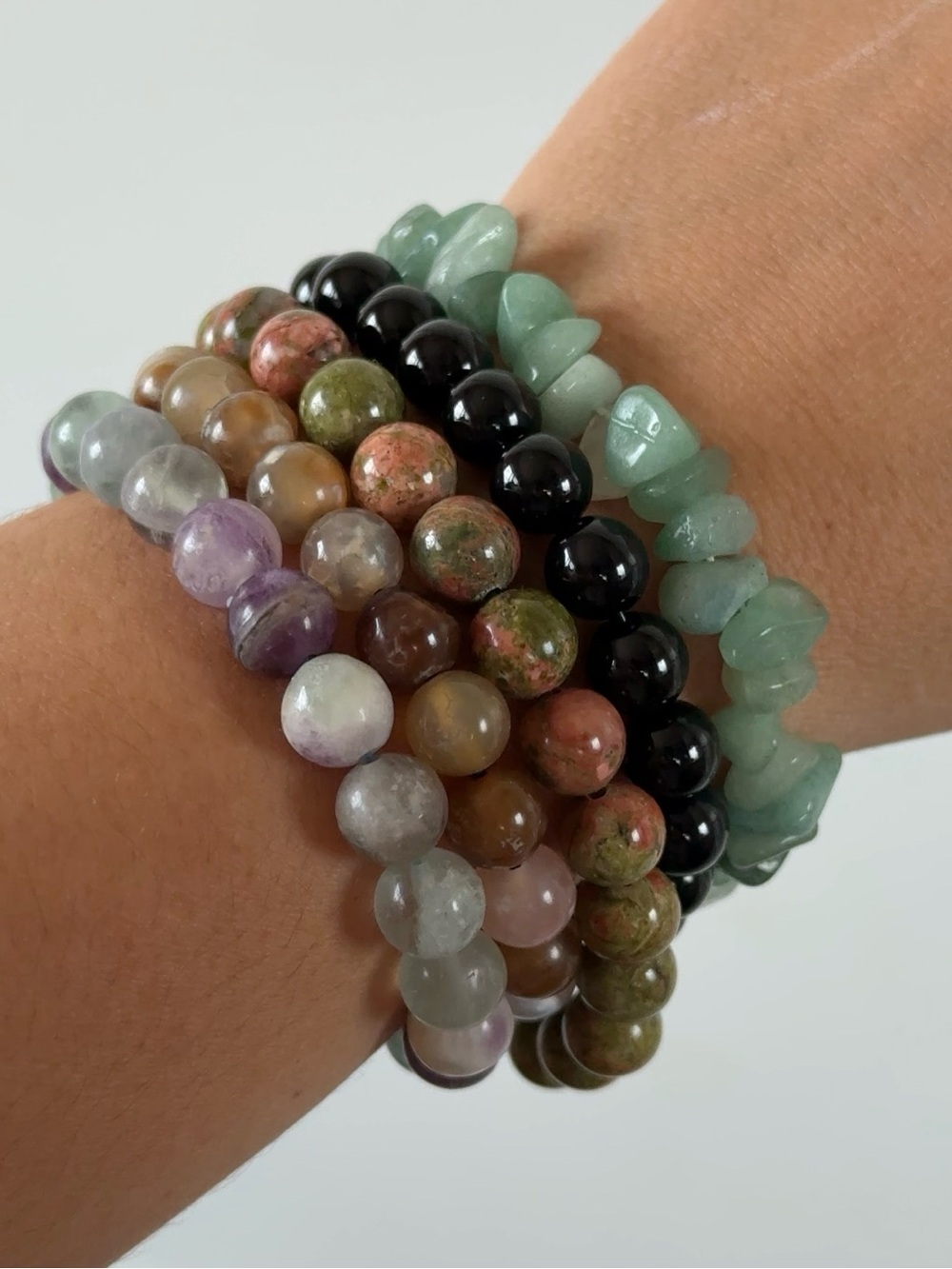 Five piece natural bracelets, bundle bulk lot, fluoride obsidian flower agate